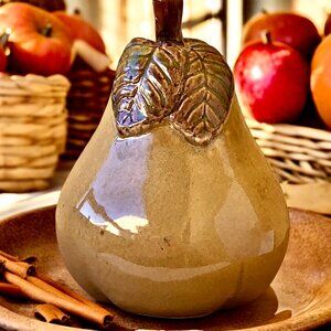 Ceramic Pear Fruit With Leaf Stem Decorative Figurine 7.6" tall